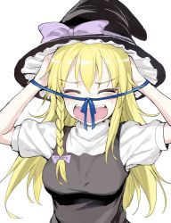 Rule 34 | 1girl, blonde hair, blue ribbon, blush, bow, braid, breasts, closed eyes, cookie (touhou), hair bow, hair ornament, hands on own head, hat, hat ribbon, jpeg artifacts, kirisame marisa, long hair, mutsutake, open mouth, parody, puffy sleeves, rei no himo, ribbon, shirt, short sleeves, side braid, simple background, single braid, sweat, touhou, turtleneck, upper body, uzuki (cookie), vest, white background, witch hat, you&#039;re doing it wrong