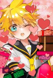 Rule 34 | 1boy, artist name, black sailor collar, blonde hair, blue eyes, box, box of chocolates, gift, gift box, happy valentine, heart, holding, holding gift, ironaki, kagamine len, looking at viewer, male focus, messy hair, necktie, one eye closed, open mouth, patterned background, pink background, sailor collar, shirt, short hair, short sleeves, solo, teeth, twitter username, upper teeth only, valentine, vocaloid, white shirt, yellow necktie