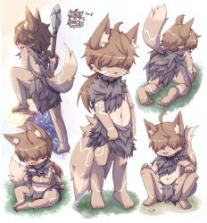 Rule 34 | 1boy, all fours, animal ears, barefoot, body markings, child, eating, facial mark, food, food on face, furry, grass, hair over eyes, highres, hithop, jewelry, loincloth, male focus, navel, necklace, onigiri, open mouth, original, polearm, sitting, solo, spear, squatting, standing, tail, tooth necklace, tribal, weapon, wolf boy, wolf ears, wolf tail