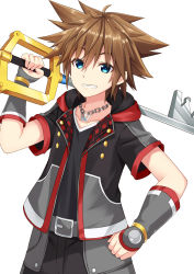 Rule 34 | 1boy, arm guards, belt, belt buckle, black jacket, black pants, black shirt, blue eyes, brown hair, buckle, chain, collarbone, commentary request, crown, grey belt, grin, hair between eyes, holding, holding key, jacket, key, kingdom hearts, kingdom hearts iii, komori kuzuyu, looking at viewer, male focus, open clothes, open jacket, oversized object, pants, shirt, short sleeves, simple background, smile, solo, sora (kingdom hearts), white background