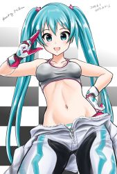 Rule 34 | 1girl, absurdres, aqua eyes, aqua hair, biker clothes, bikesuit, bodysuit, checkered background, cowboy shot, dated, flick (sal23), gloves, grey sports bra, hand on own hip, hatsune miku, highres, long hair, looking at viewer, navel, open mouth, panties, racing miku, salute, solo, sports bra, stomach, striped clothes, striped panties, twintails, underwear, unzipped, very long hair, vocaloid