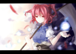 Rule 34 | 1girl, bad id, bad pixiv id, blush, breasts, female focus, hair bobbles, hair ornament, hitodama, japanese clothes, letterboxed, onozuka komachi, red eyes, red hair, red medicine, scythe, short hair, smile, solo, touhou, twintails, two side up