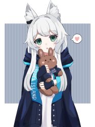 Rule 34 | 1girl, amiya (arknights), animal ear fluff, animal ears, arknights, ascot, black gloves, blue ascot, blue jacket, blush, cat ears, character doll, cowboy shot, dress, ear piercing, fingerless gloves, gloves, green eyes, grey hair, hair intakes, heart, highres, holding, holding stuffed toy, infection monitor (arknights), jacket, jacket on shoulders, long hair, looking at viewer, open clothes, open jacket, open mouth, piercing, rosmontis (arknights), solo, someyaya, spoken heart, stuffed animal, stuffed rabbit, stuffed toy, white dress, wristband