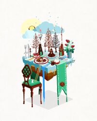 Rule 34 | animal, bare tree, building, chair, cold, cup, diorama, faux figurine, floorplan, food, food focus, fork, isometric, issiki toaki, mug, nature, no humans, original, outdoors, saucer, scenery, sky, snow, syrup, table, tree, under table, waffle, winter