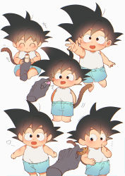 Rule 34 | 1boy, absurdres, black eyes, black hair, blue shorts, child, cookie, dragon ball, dragon ball (classic), food, highres, holding, holding food, male focus, monkey tail, multiple views, nachos (chos na), open mouth, shirt, shorts, simple background, son goku, spiked hair, tail, white shirt