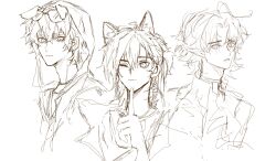 3boys :3 animal_ears arknights cat_boy cat_ears chinese_commentary closed_mouth collar commentary_request dog_boy dog_ears eyewear_on_head freckles hair_between_eyes hand_on_own_chin hand_up highres hood hood_up hooded_jacket jacket jewelry looking_at_another lumen_(arknights) male_focus messy_hair miaoshiyisir monochrome multiple_boys multiple_necklaces neckerchief necklace one_eye_closed open_clothes open_jacket pointy_ears ponytail stainless_(arknights) sunglasses teeth tequila_(arknights) thick_eyebrows white_background