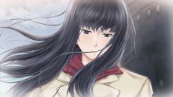 Rule 34 | 1girl, black eyes, black hair, blush, boat, cloud, cloudy sky, eyebrows hidden by hair, hair between eyes, highres, jacket, kara no shoujo, kuchiki touko, long hair, looking at viewer, nevermoreho, open mouth, red scarf, scarf, sky, smile, snow, solo, watercraft