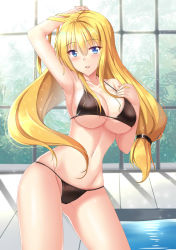 Rule 34 | 1girl, arm up, armpits, benchen06, bikini, black bikini, blonde hair, blush, breasts, collarbone, contrapposto, hand on own chest, highres, indoors, large breasts, long hair, looking at viewer, open mouth, original, pool, sidelocks, smile, solo, standing, swimsuit, underboob