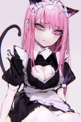 Rule 34 | 1girl, absurdres, alternate costume, animal ears, black dress, blush, cat ears, cat tail, cleavage cutout, clothing cutout, disgust, dress, enmaided, heart cutout, highres, hololive, hololive english, kemonomimi mode, long hair, looking at viewer, maid, mile (off8mile), mori calliope, pink eyes, pink hair, puffy short sleeves, puffy sleeves, short sleeves, signature, simple background, sitting, solo, tail, virtual youtuber, white background