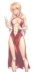 Rule 34 | 1girl, abs, alcohol, bare shoulders, blonde hair, braid, breasts, champagne, champagne flute, collarbone, commentary request, cup, dress, drinking glass, earrings, eyebrows hidden by hair, french braid, girls&#039; frontline, halter dress, halterneck, highres, jewelry, kokuzou, long hair, medium breasts, navel, official alternate costume, ots-14 (girls&#039; frontline), ots-14 (ruler of the banquet) (girls&#039; frontline), pelvic curtain, red dress, simple background, white background, yellow eyes