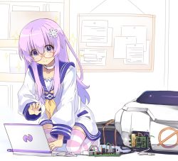 Rule 34 | 10s, 1girl, bad anatomy, computer, d-pad, female focus, glasses, hair ornament, highres, laptop, long hair, nepgear, neptune (series), normaland, purple eyes, purple hair, robot, solo, striped clothes, striped thighhighs, thighhighs