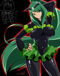 Rule 34 | 10s, 1girl, arm up, bad end march, bad end precure, black background, black bodysuit, bodysuit, breasts, covered navel, cure march, dark persona, fingerless gloves, gloves, green eyes, green hair, hand on own hip, highres, large breasts, long hair, midorikawa nao, precure, signature, skirt, smile, smile precure!, tiara, zasshu nigou