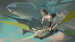 Rule 34 | 1girl, aircraft, airship, black choker, boots, braid, brown hair, choker, cloud, commentary, dated, fingerless gloves, flying, glider, gloves, goggles, highres, juliet sleeves, long sleeves, open mouth, original, puffy sleeves, sail, shirt, shorts, signature, sky, solo, steampunk, vehicle focus, white legwear, white shirt, xiaobanbei milk