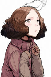 Rule 34 | 10s, 1girl, blush, brown eyes, brown hair, cardigan, curly hair, disembodied limb, eyebrows, eyelashes, hand on another&#039;s head, hews, long sleeves, okumura haru, persona, persona 5, pink sweater, pout, short hair, simple background, sketch, solo focus, sweater, tears, turtleneck, white background