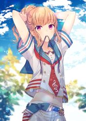 Rule 34 | 1girl, arms up, black ribbon, blue sailor collar, blue sky, blurry, blurry background, brown hair, closed mouth, cloud, cloudy sky, collarbone, commentary request, day, depth of field, goma (11zihisin), highres, long hair, looking at viewer, midriff, mouth hold, navel, necktie, original, outdoors, ponytail, purple eyes, red necktie, ribbon, ribbon in mouth, sailor collar, school uniform, serafuku, shirt, short sleeves, shorts, sidelocks, sky, solo, treble clef, tying hair, white shirt, white shorts