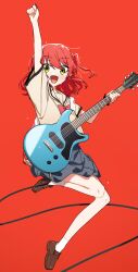 Rule 34 | 1girl, absurdres, bare legs, blush, bocchi the rock!, cable, electric guitar, guitar, highres, holding, holding instrument, holding plectrum, instrument, jumping, kita ikuyo, looking at viewer, miya (miya-oekaki1128), outstretched arm, plectrum, red background, school uniform, simple background, smile, socks, solo, sweat, white socks