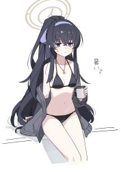 Rule 34 | 1girl, absurdres, aoiro (t aoiro123), bags under eyes, bikini, black bikini, black hair, blue archive, blue eyes, blue hairband, breasts, cardigan, cup, expressionless, hair between eyes, hairband, halo, highres, holding, holding cup, jewelry, long hair, necklace, off shoulder, official alternate costume, open cardigan, open clothes, ponytail, small breasts, solo, sweatdrop, swimsuit, ui (blue archive), ui (swimsuit) (blue archive), very long hair