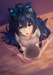 Rule 34 | 1girl, bangle, barefoot, blue bow, blue hair, blue skirt, blush, bow, bowl, bracelet, debt, eyes visible through hair, from above, grey hoodie, hair bow, highres, hood, hoodie, jewelry, long hair, looking at viewer, lukky clover, sitting, skirt, solo, touhou, very long hair, wariza, yorigami shion