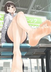 Rule 34 | 1girl, absurdres, arm support, artist name, bare legs, barefoot, black footwear, black skirt, blurry, blurry background, blush, brown eyes, brown hair, collared shirt, convenient leg, crossed legs, feet, foot focus, foreshortening, hand on own face, highres, legs, long sleeves, looking at viewer, mbr90munouk, medium hair, miniskirt, office lady, on bench, original, outdoors, partially unbuttoned, pencil skirt, shadow, shirt, signature, sitting, skirt, soles, solo, thighs, twitter username, white shirt