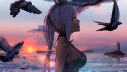 Rule 34 | 1girl, alternate costume, azur lane, bare shoulders, bird, black dress, blue eyes, breasts, chyt, crying, crying with eyes open, dress, evening, feathers, from side, hair ornament, hair ribbon, highres, illustrious (azur lane), large breasts, long hair, low twintails, ocean, open mouth, ribbon, sidelocks, signature, solo, sunset, tears, tress ribbon, twintails