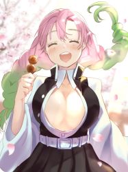 Rule 34 | 1girl, :d, ^ ^, blush, breasts, cleavage, closed eyes, demon slayer uniform, food, gradient hair, green hair, haori, highres, holding, holding food, holding skewer, japanese clothes, kanroji mitsuri, kimetsu no yaiba, large breasts, long hair, long sleeves, mole, mole under eye, multicolored hair, open mouth, outdoors, partially unbuttoned, pink hair, pleated skirt, samo cha, skewer, skirt, smile, solo, tri braids, uniform