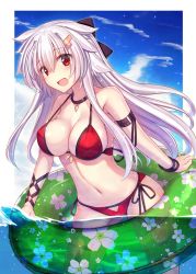 Rule 34 | 1girl, :d, absurdres, bare shoulders, bikini, black bow, black collar, blush, bow, breasts, cleavage, collar, collarbone, day, floral print, hair between eyes, hair bow, hair ornament, hairclip, highres, innertube, looking at viewer, medium breasts, murasame shia, navel, open mouth, original, red bikini, red eyes, side-tie bikini bottom, silver hair, smile, solo, standing, swim ring, swimsuit, transparent, water
