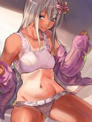 Rule 34 | 1girl, bad id, bad pixiv id, bikini, blonde hair, blue eyes, breasts, collarbone, commentary request, frilled bikini, frills, hair ribbon, highres, inusaka, jacket, kantai collection, long hair, navel, official alternate costume, one-piece tan, open clothes, open jacket, pink jacket, ribbon, ro-500 (kancolle), sitting, small breasts, smile, solo, swimsuit, tan, tanline, white bikini