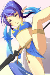 Rule 34 | 00s, 1girl, blue hair, breasts, bridal garter, female focus, gloves, gradient background, hair bun, judith (tales), long hair, pointy ears, polearm, red eyes, single hair bun, solo, spear, tales of (series), tales of vesperia, twintails, weapon, white gloves