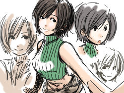 Rule 34 | 1990s (style), 1girl, bare shoulders, black eyes, brown hair, character sheet, determined, expressions, final fantasy, final fantasy vii, green shirt, highres, kuzumin, light smile, midriff, open mouth, retro artstyle, ribbed sweater, shirt, short hair, shorts, simple background, sketch, sleeveless, sleeveless turtleneck, sweater, turtleneck, white background, yuffie kisaragi