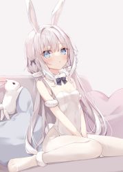 Rule 34 | 1girl, :o, animal, animal ears, bare shoulders, blue eyes, blush, breasts, commentary request, elbow gloves, fur-trimmed gloves, fur trim, gloves, grey background, grey hair, hair intakes, hair over shoulder, heart, heart-shaped pillow, highres, hoshi (snacherubi), leotard, low twintails, no shoes, original, pantyhose, parted lips, pillow, rabbit, rabbit ears, simple background, sitting, small breasts, solo, strapless, strapless leotard, twintails, wariza, white gloves, white leotard