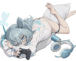 Rule 34 | 1girl, absurdres, ass, barefoot, blue eyes, blue hair, bow, can, controller, drink can, game controller, girls&#039; frontline, glasses, hair bow, headphones, heart, heart-shaped pupils, highres, hugging object, juansiwei, legs, open mouth, pa-15 (girls&#039; frontline), pillow, pillow hug, see-through, short hair, soda can, solo, symbol-shaped pupils, thigh strap, transparent background