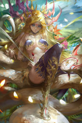 Rule 34 | 1girl, ass, bare shoulders, blonde hair, blue eyes, blue hair, boots, breasts, extra arms, kali (p&amp;d), long hair, matching hair/eyes, puzzle &amp; dragons, snake, solo, thigh boots, thighhighs, underboob, youshun (naturaljuice)