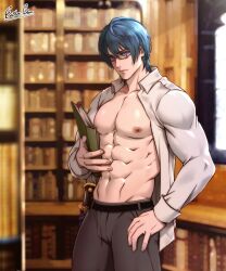Rule 34 | 1boy, abs, alternate costume, artist name, belt, black-framed eyewear, black belt, blue eyes, blue hair, blurry, blurry background, book, bookshelf, byleth (fire emblem), byleth (male) (fire emblem), closed mouth, collarbone, commentary, english commentary, esther shen, fire emblem, fire emblem: three houses, glasses, grey pants, hair between eyes, hand on own hip, holding, holding book, indoors, knife, large pectorals, long sleeves, looking at viewer, male focus, muscular, muscular male, nintendo, nipples, open clothes, open shirt, pants, pectorals, serious, shirt, short hair, solo, weapon, white shirt