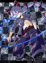 Rule 34 | 10s, 1girl, alternate color, alternate hairstyle, aono3, belt, black rock shooter, blue fire, bow, breasts, cross-laced footwear, female focus, fire, fujiwara no mokou, glowing, glowing eyes, hair bow, highres, multi-tied hair, ponytail, puffy sleeves, red eyes, silver hair, skull, sleeves rolled up, solo, tongue, touhou, underboob