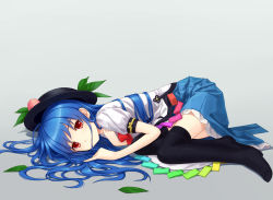 Rule 34 | 1girl, apron, black thighhighs, blue hair, curled up, female focus, food, fruit, hair in own mouth, hand on own chest, hat, unworn hat, unworn headwear, hinanawi tenshi, leaf, looking at viewer, lying, no shoes, on side, peach, puffy sleeves, red eyes, short sleeves, simple background, skirt, solo, thighhighs, touhou, tucana, zettai ryouiki