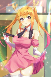 Rule 34 | 1girl, absurdres, bare shoulders, black necktie, blonde hair, blush, breasts, cleavage, closed mouth, clothes lift, clothes pull, colive, colored tips, detached collar, dragon girl, dragon horns, dress, dress lift, dress pull, elbow gloves, facing viewer, gloves, gluteal fold, highres, horns, kobayashi-san chi no maidragon, large breasts, lifting own clothes, light, long hair, looking to the side, multicolored hair, necktie, orange eyes, pink dress, pulling own clothes, short dress, short necktie, skirt, skirt lift, smile, solo, thigh gap, thighhighs, tohru (maidragon), twintails, two-tone hair, white gloves, zettai ryouiki