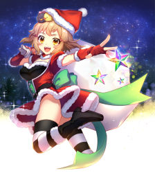 Rule 34 | 1girl, blonde hair, blush, breasts, christmas, fingerless gloves, gloves, hat, highres, looking at viewer, medium breasts, open mouth, red gloves, santa costume, santa hat, senki zesshou symphogear, sky, smile, solo, star (sky), starry sky, striped clothes, striped thighhighs, tachibana hibiki (symphogear), thighhighs, wada chiyon, yellow eyes