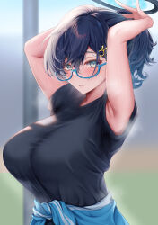 Rule 34 | 1girl, absurdres, aqua eyes, armpits, arms up, black shirt, blue archive, blue hair, blue jacket, blurry, blurry background, blush, breasts, chihiro (blue archive), clothes around waist, glasses, hair ornament, halo, highres, jacket, jacket around waist, large breasts, looking at viewer, medium hair, messy hair, parted lips, pointy ears, rai (newtype xm-x1), shirt, short sleeves, solo, upper body