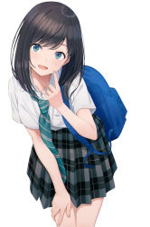 Rule 34 | 1girl, backpack, bag, bent over, black hair, black skirt, blue eyes, blush, highres, hyuuga azuri, leaning forward, long hair, looking at viewer, open mouth, original, school uniform, simple background, skirt, smile, solo, standing, white background