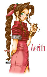 Rule 34 | 1girl, aerith gainsborough, antenna hair, artist name, braid, brown hair, character name, cropped jacket, curly hair, dress, final fantasy, final fantasy vii, green eyes, hair ribbon, hand in own hair, high collar, jacket, keith (keith&#039;s workshop), materia, parted bangs, pink dress, pink ribbon, puffy short sleeves, puffy sleeves, red jacket, ribbon, short sleeves, sidelocks, smile, solo, square enix, unbuttoned dress, upper body, white background
