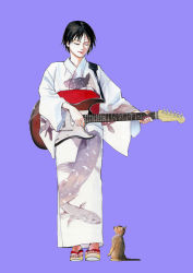 Rule 34 | black hair, cat, closed eyes, guitar, instrument, japanese clothes, kimono, original, sakura7, short hair, simple background, solo