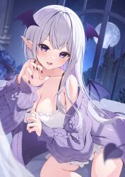Rule 34 | 1girl, bare shoulders, bat wings, blush, breasts, cardigan, claw pose, cleavage, collarbone, commentary request, ear piercing, full moon, head wings, highres, indie virtual youtuber, indoors, large breasts, long hair, long sleeves, looking at viewer, moon, nekoma riri, night, nightgown, off shoulder, parted lips, piercing, pointy ears, purple cardigan, purple eyes, purple nails, solo, spaghetti strap, teeth, tyabesu, upper teeth only, virtual youtuber, white hair, white nightgown, wings