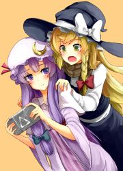 Rule 34 | 2girls, blonde hair, braid, crescent, female focus, hand on own hip, handheld game console, hat, hip focus, hogi, kirisame marisa, long hair, multiple girls, patchouli knowledge, perfect cherry blossom, playstation portable, purple eyes, purple hair, scarf, touhou, witch, witch hat, yellow eyes