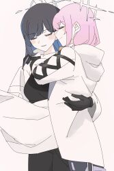 Rule 34 | 2girls, aahakurei, absurdres, arms around neck, atsuko (blue archive), black dress, black hair, blue archive, carrying, closed eyes, closed mouth, commentary request, dress, halo, hand on another&#039;s waist, highres, jacket, long hair, multiple girls, parted lips, pink hair, princess carry, saori (blue archive), simple background, smile, white background, white dress, white jacket, yuri
