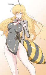 Rule 34 | 10s, 1girl, antennae, arthropod girl, bee girl, blonde hair, breasts, brown eyes, carapace, covered navel, extra arms, gradient background, honey (monster musume), insect girl, insect wings, long hair, monster girl, monster musume no iru nichijou, monster musume no iru nichijou online, smile, solo, transparent wings, wings, z umeshi