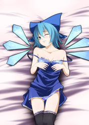 Rule 34 | 1girl, bed, blue eyes, blue hair, blue panties, bra, breasts, cameltoe, cirno, cleavage, clothes lift, dress, dress lift, embodiment of scarlet devil, female focus, hair ribbon, lingerie, lying, matching hair/eyes, nikka (cryptomeria), aged up, on back, one eye closed, panties, ribbon, short dress, skirt, skirt lift, solo, thighhighs, touhou, underwear, upskirt, wince, wings, wink, zettai ryouiki