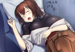 Rule 34 | 10s, 1girl, brown hair, closed eyes, h kasei, ise (kancolle), japanese clothes, kantai collection, personification, short hair, sleeping, solo