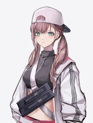 Rule 34 | 1girl, absurdres, alternate hairstyle, aqua eyes, ar-57 (girls&#039; frontline), baseball cap, black shirt, blush, breasts, closed mouth, commentary, crop top, ear piercing, girls&#039; frontline, hat, highres, jacket, lithographica, long hair, long sleeves, looking at viewer, medium breasts, open clothes, open jacket, piercing, pink hair, shirt, solo, twintails, upper body, white background, white hat, white jacket