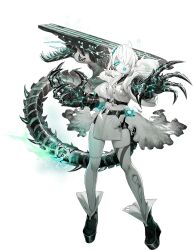 Rule 34 | 1girl, abyssal ship, aqua eyes, artist request, boots, breast pocket, breasts, claws, colored skin, dress, flight deck, full body, gradient hair, grey hair, hair over one eye, horns, kantai collection, looking at viewer, multicolored hair, official art, open mouth, pale skin, pelvic curtain, pocket, remodeled wartime cargo princess, small breasts, solo, standing, tail, teeth, thighhighs, tongue, torn clothes, torn thighhighs, transparent background, white dress, white hair, white skin