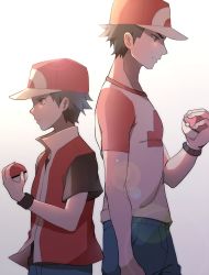 Rule 34 | 2boys, age comparison, aged up, alpakappa, arm at side, back-to-back, baseball cap, black hair, blue pants, brown eyes, brown hair, closed mouth, cowboy shot, creatures (company), eyelashes, from side, game freak, gradient background, hat, height difference, highres, holding, holding poke ball, jacket, lens flare, looking down, male focus, multiple boys, nintendo, pants, pocket, poke ball, poke ball (basic), pokemon, pokemon frlg, pokemon sm, print shirt, profile, raglan sleeves, red (pokemon), red (pokemon frlg), red (pokemon sm), red hat, shade, shirt, short sleeves, t-shirt, time paradox, wristband